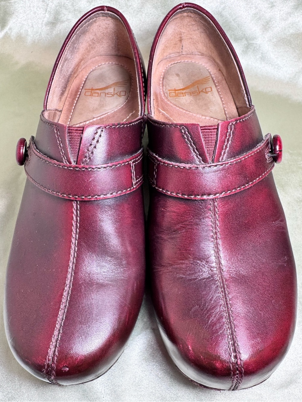 Dansko Women’s Burgundy Leather Low Heel Slip-On Clogs, size 37